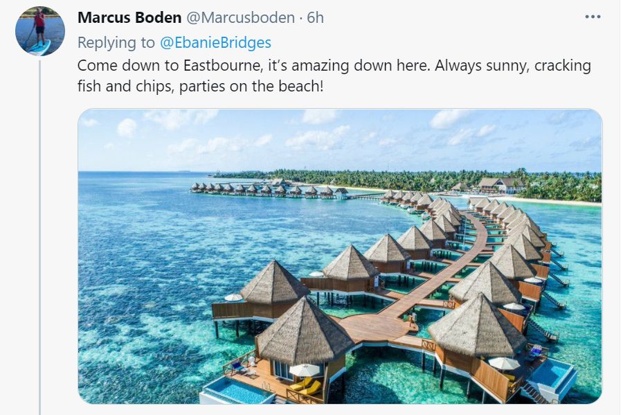 Marcus Boden tweet of a sunny beach in what looks like the Carribean