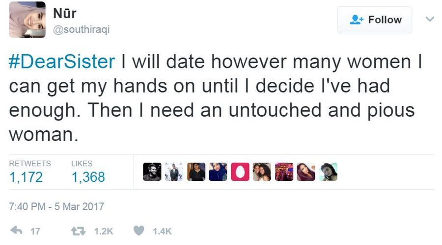 A tweet saying "I will date however many women I can get my hands on until I decide I've had enough. Then I need an untouched and pious woman"
