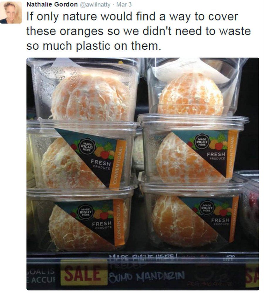 Nathalie Gordon's tweet featuring the pre-peeled mandarins in plastic packaging