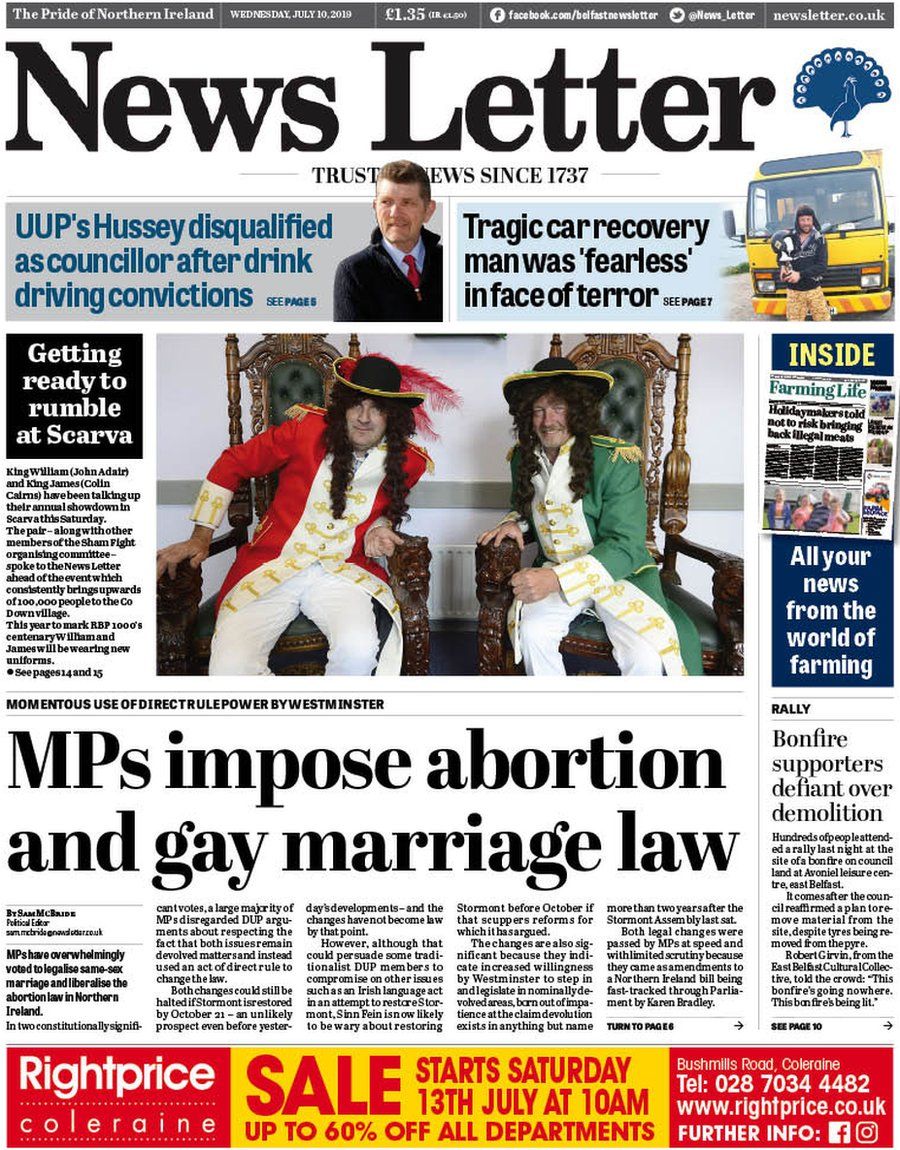 NI paper review: Same-sex marriage change dominates front pages - BBC News