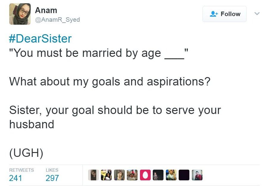 A tweet saying: "#DearSister 'You must be married by age ____' What about my goals and aspirations? Sister, your goal should be to serve your husband (UGH)"