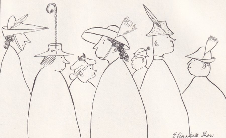 Caricature of people wearing hats