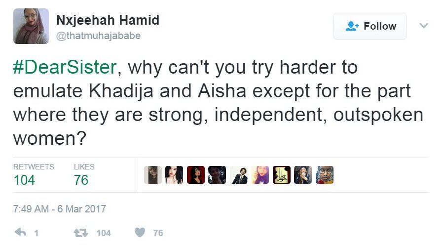A tweet saying "#DearSister, why can't you try harder to emulate Khadija and Aisha execpt for hte part where they are strong, independent, outspoken women?"