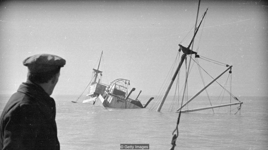 This 1948 photograph shows one of the many victims to go aground on the Goodwin Sands