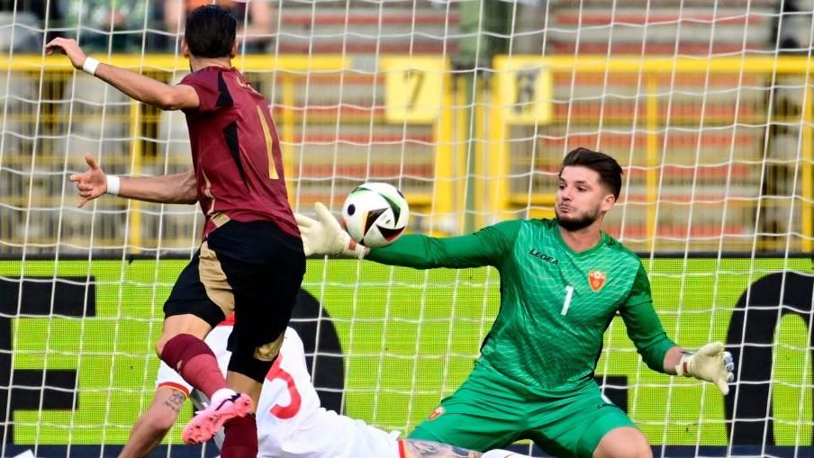 Matija Sarkic makes a save while playing against Belgium earlier this month