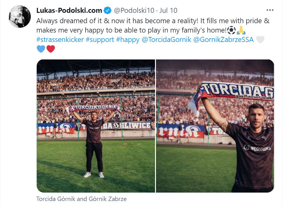 Screengrab of Podolski's tweet about his move to Gornik Zabrze