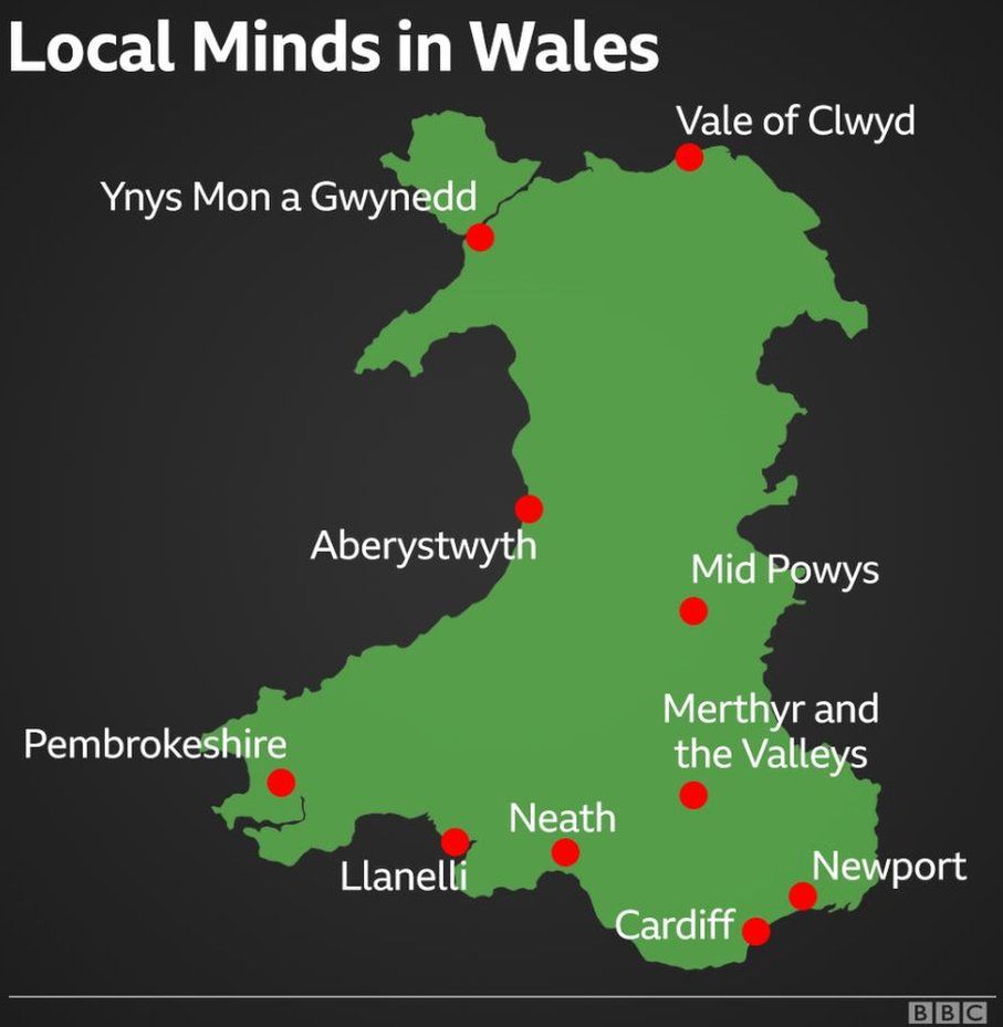 A graphic showing where Mind Cymru's Local Minds are in Wales