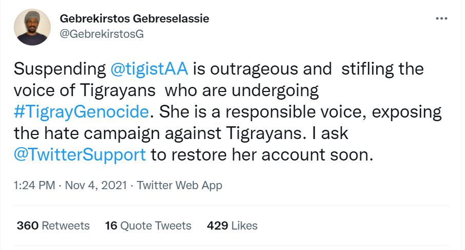 Screengrab of Twitter post complaining about the suspension of a pro-Tigrayan account