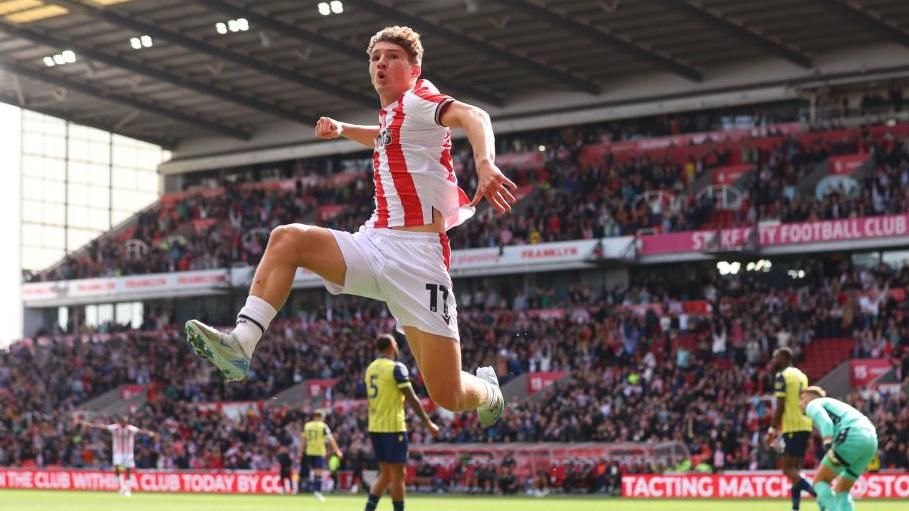 Stoke's Liverpool loan man Lewis Koumas celebrates after scoring his first goal in league football