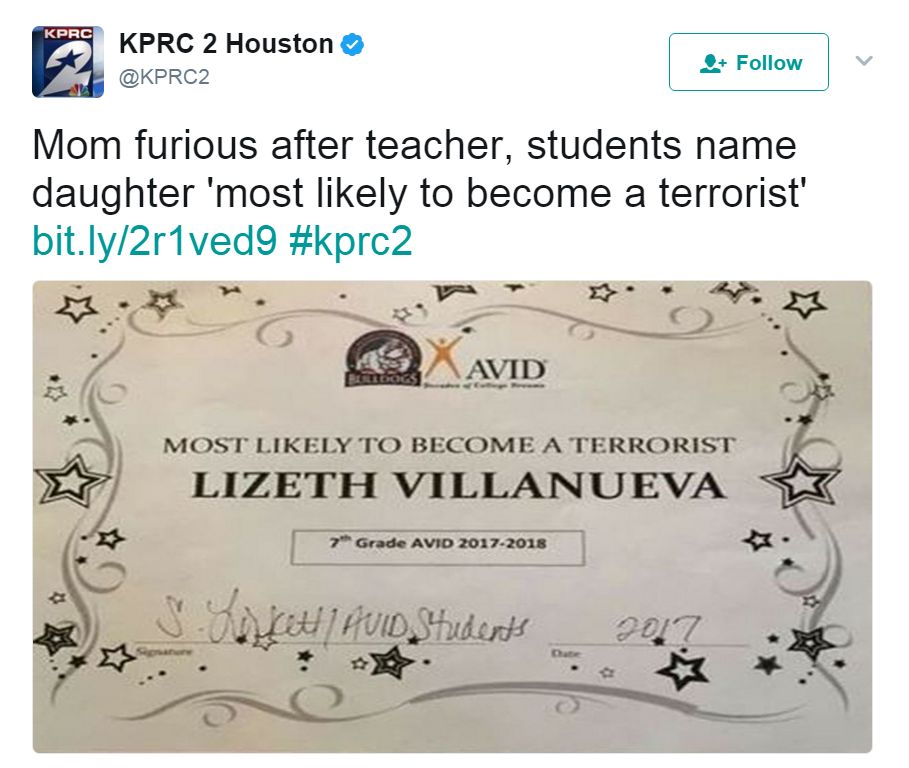 Твит от @ KPRC2: «Мама в ярости из-за учителя, ученики называют дочь,« скорее всего, станет террористкой »