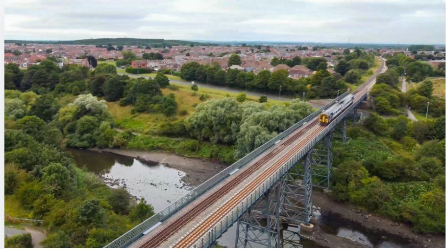 A viaduct with a two-carriage train on it 