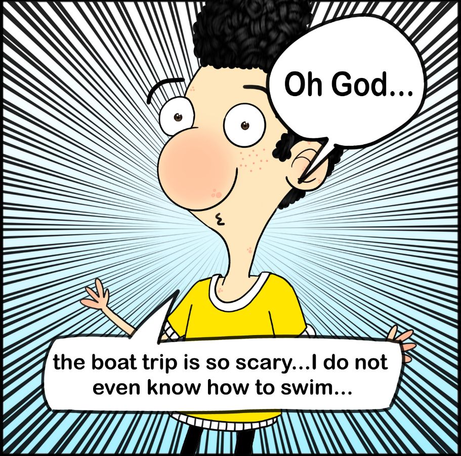 Cartoon of Ali Dorani saying he is scared because he doesn't know how to swim