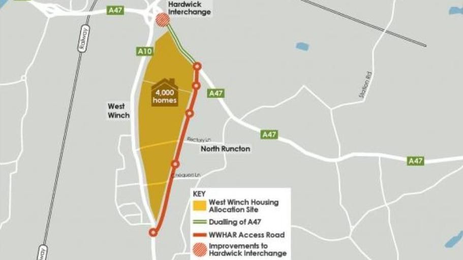 A map showing where the West Winch access road could be built between the A10 and the A47