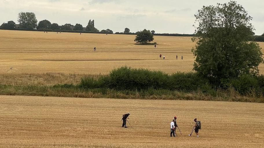 Landscape shot of huge fields of golden recently harvested fields, with detectorists scattered in them