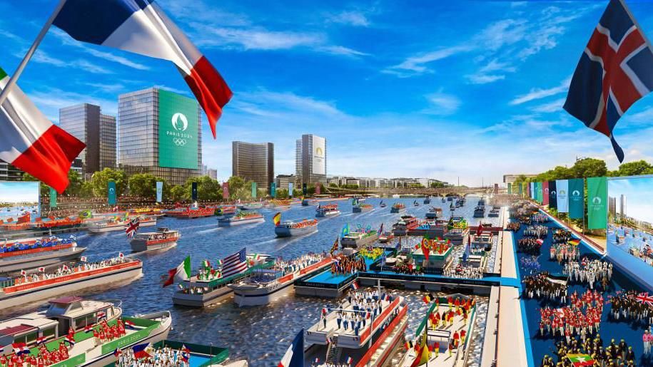 A visualisation of a parade of athletes on the River Seine during the Opening Ceremony of the Paris 2024