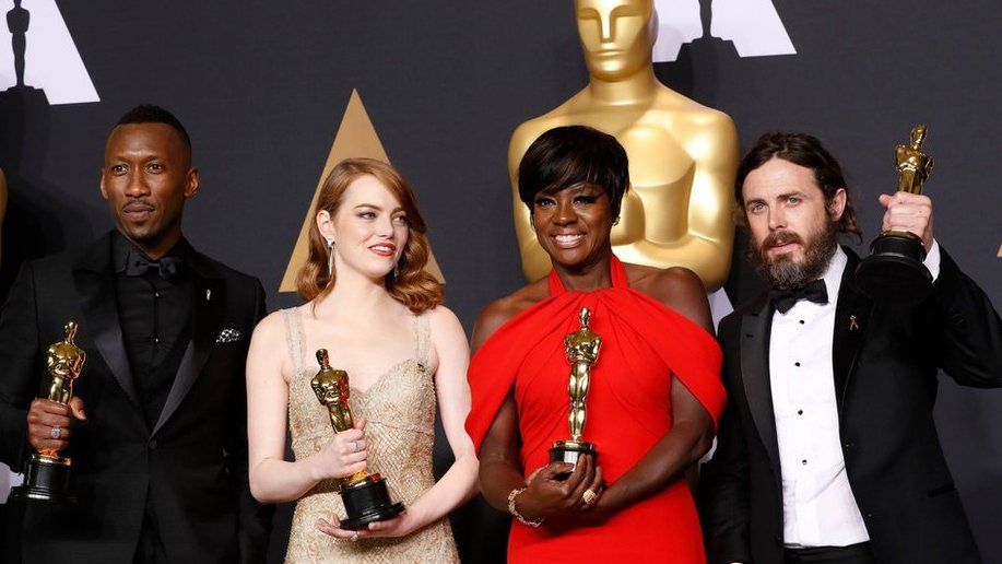 Best Supporting Actor Mahershala Ali, for Moonlight, Best Actress Emma Stone for La La Land, Best Supporting Actress Viola Davis, for Fences and Best Actor Casey Affleck for Manchester by the Sea hold their Oscars