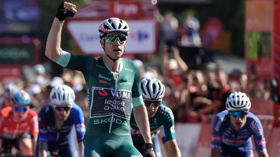 Wout van Aert celebrates winning stage seven of the 2024 Vuelta a Espana