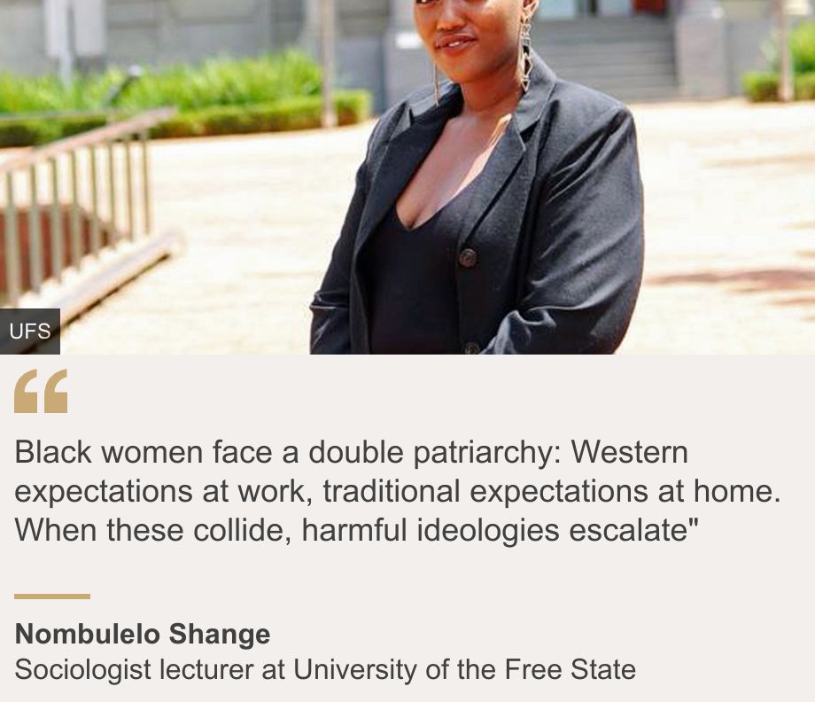 "Black women face a double patriarchy: Western expectations at work, traditional expectations at home. When these collide, harmful ideologies escalate"", Source: Nombulelo Shange, Source description: Sociologist lecturer at University of the Free State, Image: Nombulelo Shange