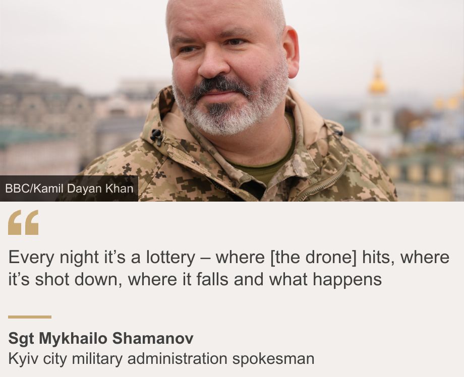 "Every night it’s a lottery – where [the drone] hits, where it’s shot down, where it falls and what happens", Source: Sgt Mykhailo Shamanov, Source description: Kyiv city military administration spokesman, Image: Shamanov