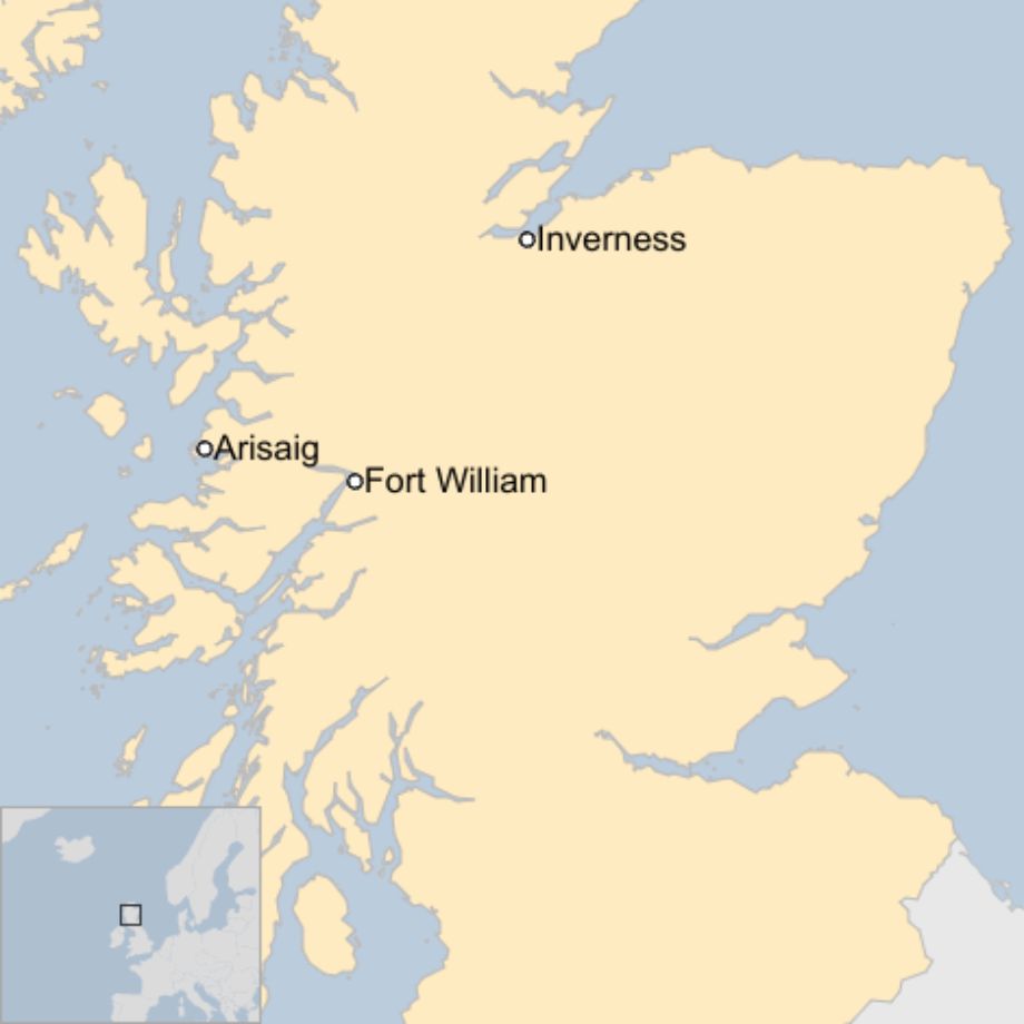 Map: A map of Scotland showing the locations of Inverness, Arisaig and Fort William.
