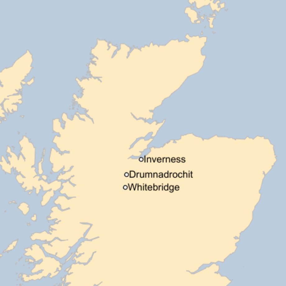 Map: A map of Scotland showing the locations of Inverness, Drumnadrochit and Whitebridge.