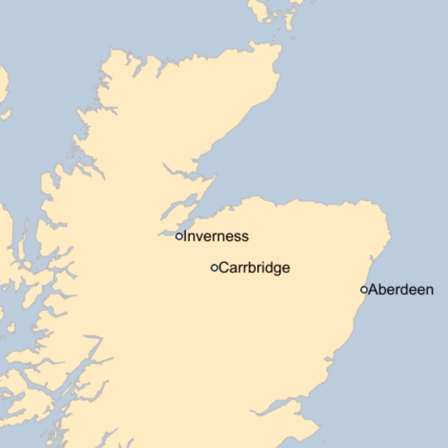 Map: A map of Scotland showing the locations of Inverness, Carrbridge and Aberdeen.