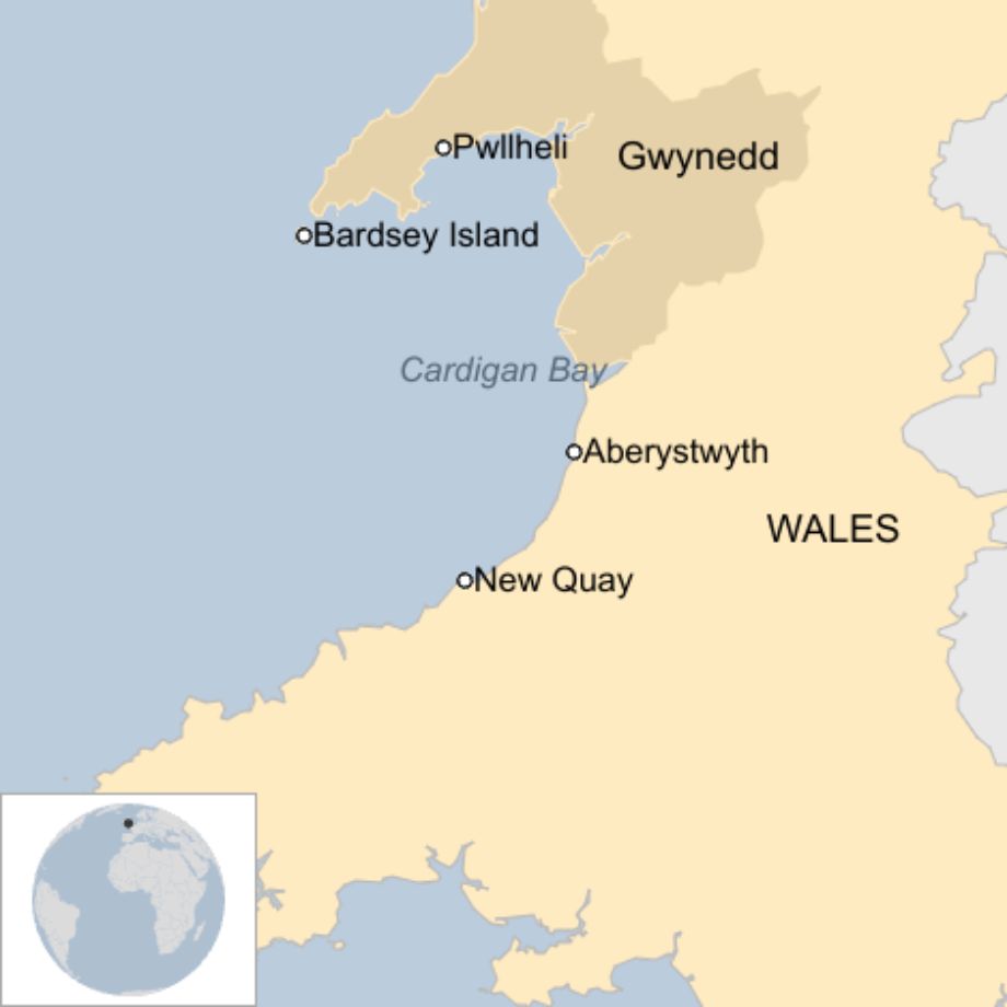 Map: Bardsey Island off coast of Gwynedd, Wales