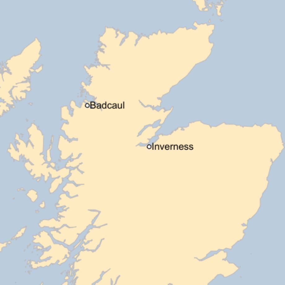 Map: A map of Scotland showing locations of Badcaul and Inverness.