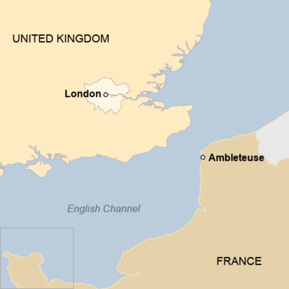 Map: Map shows location of Ambleteuse, the English Channel and the United Kingdom