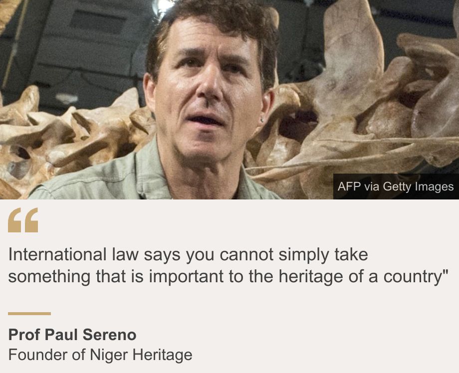"International law says you cannot simply take something that is important to the heritage of a country"", Source: Prof Paul Sereno, Source description: Founder of Niger Heritage, Image: A head and shoulders image of Paul Sereno