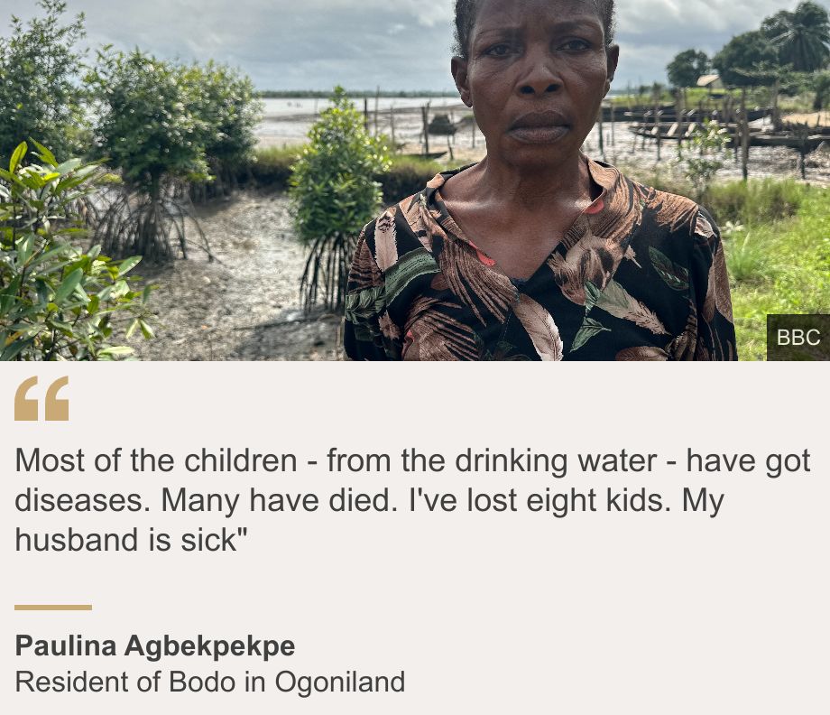 "Most of the children - from the drinking water - have got diseases. Many have died. I've lost eight kids. My husband is sick"", Source: Paulina Agbekpekpe, Source description: Resident of Bodo in Ogoniland, Image: Paulina Agbekpekpe