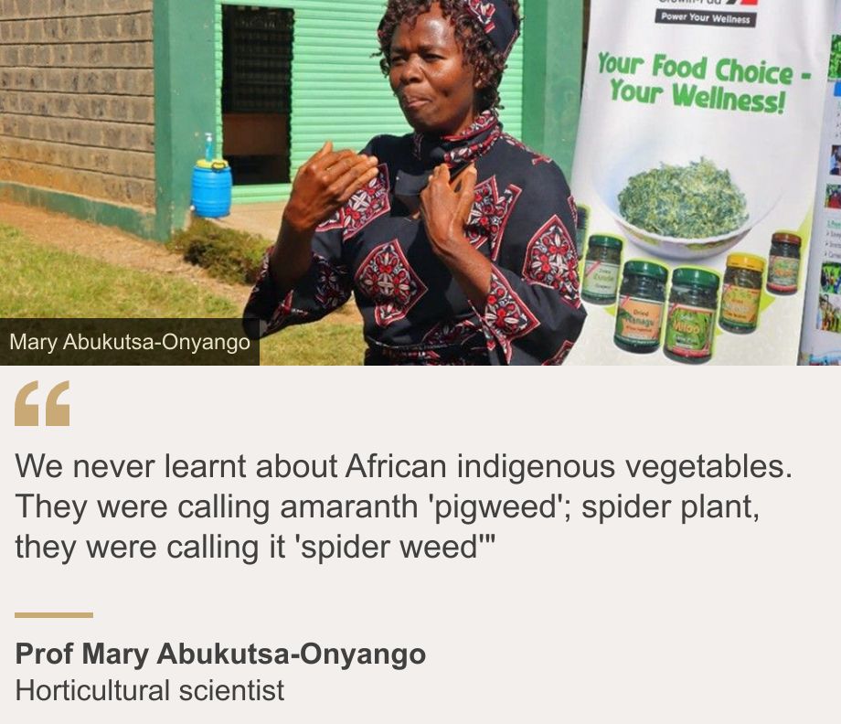 "We never learnt about African indigenous vegetables. They were calling amaranth 'pigweed'; spider plant, they were calling it 'spider weed'"", Source: Prof Mary Abukutsa-Onyango, Source description: Horticultural scientist, Image: Prof Mary Abukutsa-Onyango