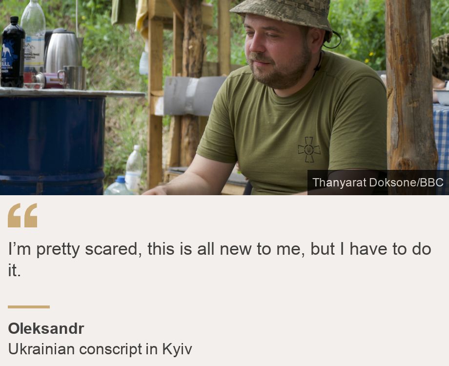 "I’m pretty scared, this is all new to me, but I have to do it.", Source: Oleksandr, Source description: Ukrainian conscript in Kyiv, Image: Oleksandr sits at the training camp in Kyiv