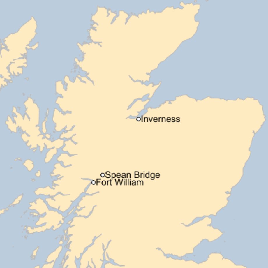 Map: A map of Scotland showing the locations of Fort William, Spean Bridge and Inverness.