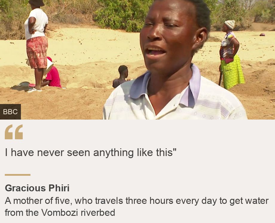 "I have never seen anything like this"", Source: Gracious Phiri, Source description: A mother of five, who travels three hours every day to get water from the Vombozi riverbed, Image: Gracious Phiri