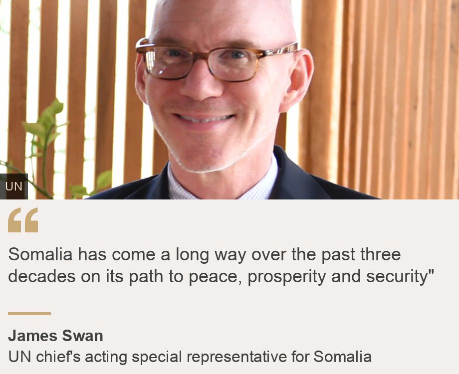 "Somalia has come a long way over the past three decades on its path to peace, prosperity and security"", Source: James Swan, Source description: UN chief's acting special representative for Somalia, Image: James Swan