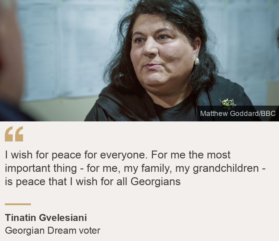 "I wish for peace for everyone. For me the most important thing - for me, my family, my grandchildren - is peace that I wish for all Georgians", Source: Tinatin Gvelesiani, Source description: Georgian Dream voter, Image: Tinatin Gvelesiani, 55
