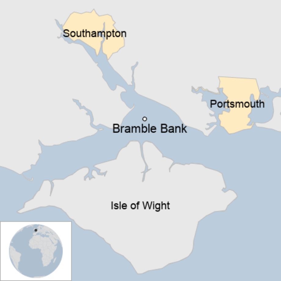 Map: Map showing the location of Bramble Bank in The Solent.