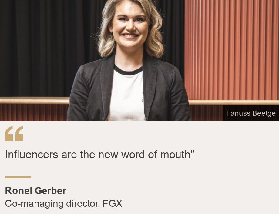 "Influencers are the new word of mouth"", Source: Ronel Gerber, Source description: Co-managing director, FGX, Image: A woman wearing a blazer sitting down