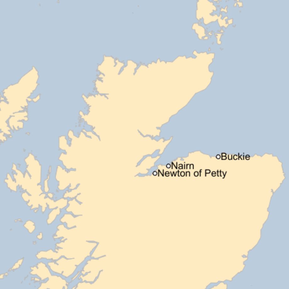 Map: A map of Scotland showing the locations of Nairn, Newton of Petty and Buckie.