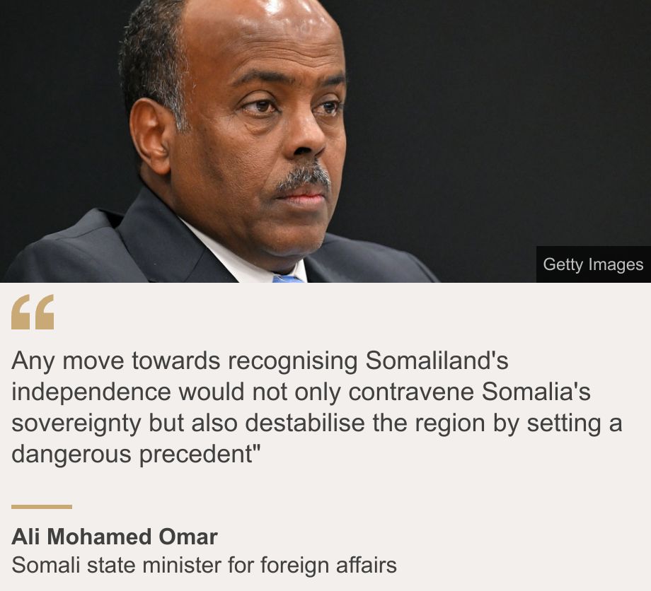 "Any move towards recognising Somaliland's independence would not only contravene Somalia's sovereignty but also destabilise the region by setting a dangerous precedent"", Source: Ali Mohamed Omar, Source description: Somali state minister for foreign affairs, Image: Ali Mohamed Omar