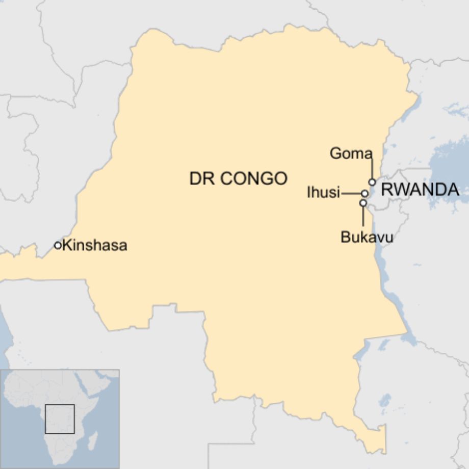 Map: Map shows the locations of Goma, Ihusi, Bukavu and Kinshasa within DR Congo
