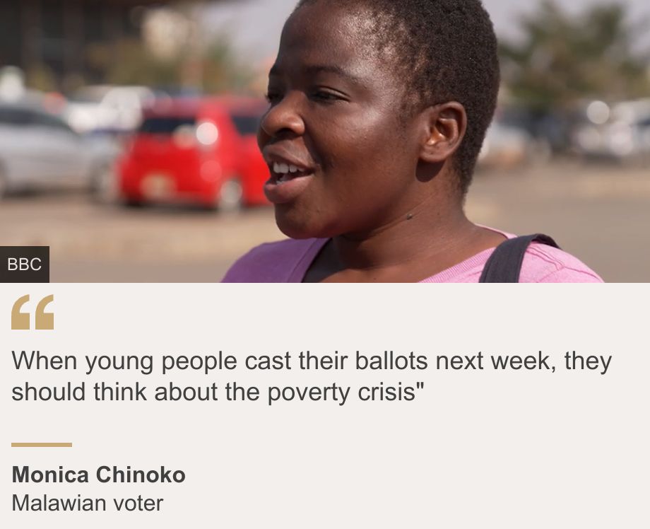 "When young people cast their ballots next week, they should think about the poverty crisis"", Source: Monica Chinoko, Source description: Malawian voter, Image: A head shot of a Malawian voter taken on the roadside. She has short hair and is wearing a pink T-shirt.