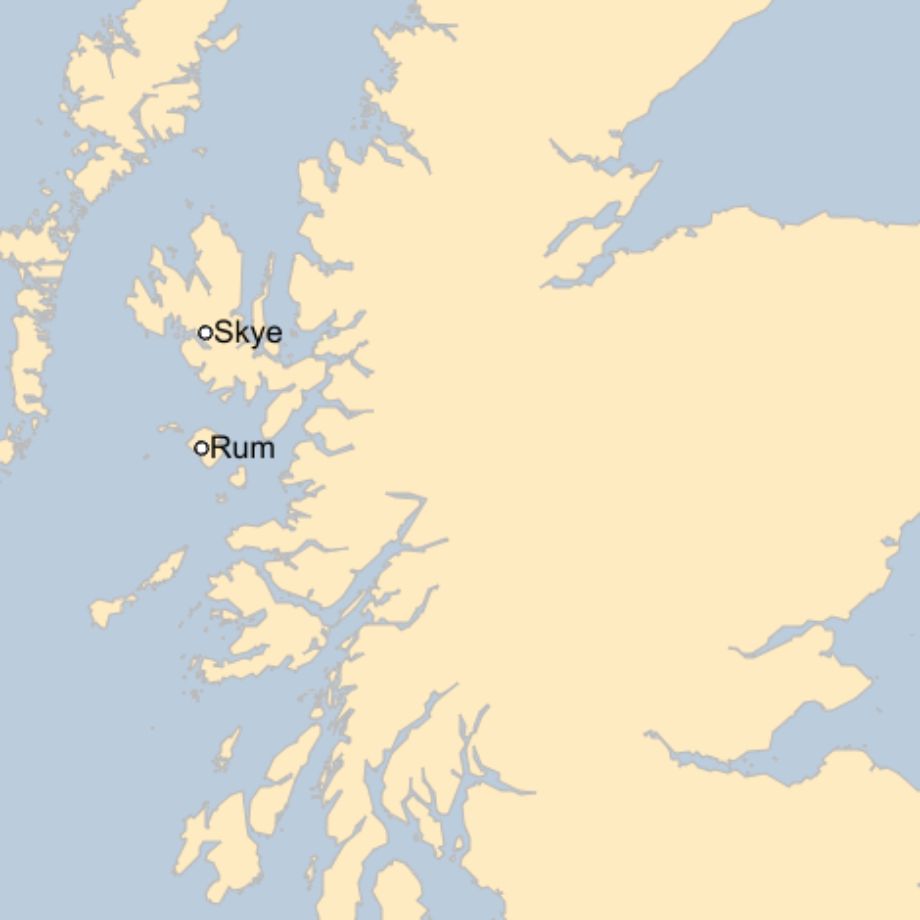 Map: A map of Scotland showing the locations of Skye and Rum.