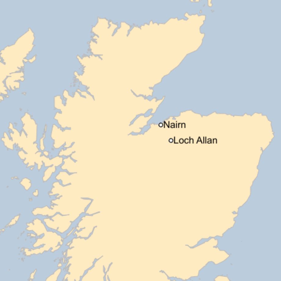 Map: A map of Scotland showing the locations of Loch Allan and Nairn.