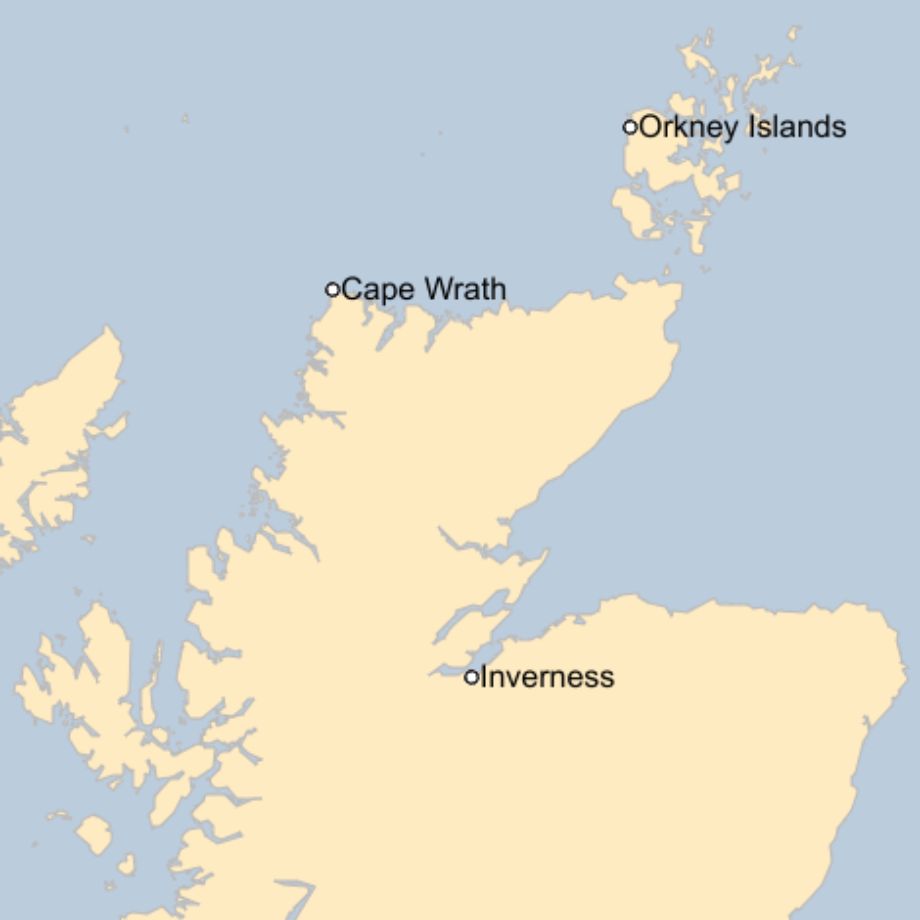 Map: A map of Scotland showing the locations of Cape Wrath, Orkney and Inverness.