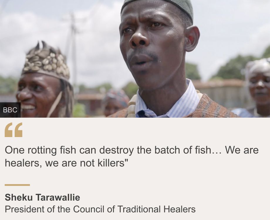 "One rotting fish can destroy the batch of fish… We are healers, we are not killers"", Source: Sheku Tarawallie, Source description: President of the Council of Traditional Healers, Image: Sheku Tarawallie, wearing  a ivory bead necklace and traditional robe