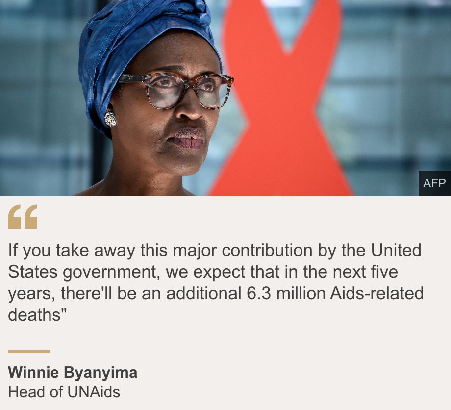 "If you take away this major contribution by the United States government, we expect that in the next five years, there'll be an additional 6.3 million Aids-related deaths"", Source: Winnie Byanyima, Source description: Head of UNAids, Image: Winnie Byanyima