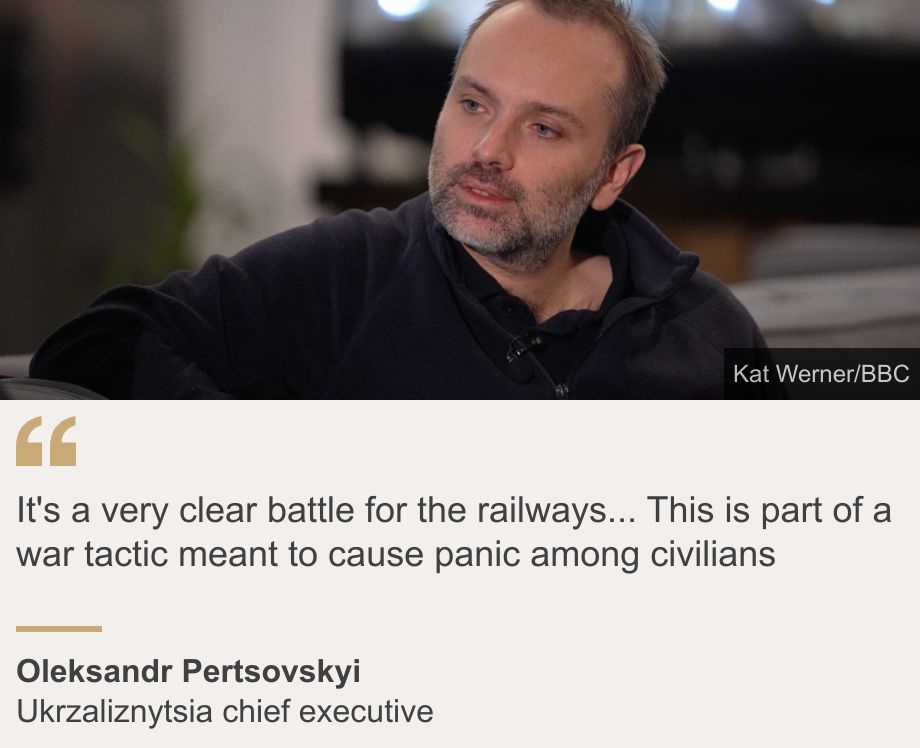 "It's a very clear battle for the railways... This is part of a war tactic meant to cause panic among civilians", Source: Oleksandr Pertsovskyi, Source description: Ukrzaliznytsia chief executive, Image: Oleksandr Pertsovskyi speaking to the BBC