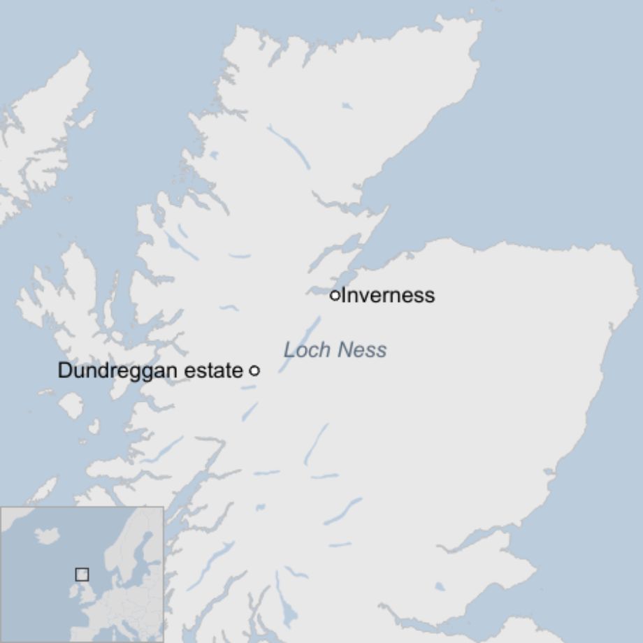 Map: Map shows Scotland above the central belt. Dundreggan Estate is marked, close to Loch Ness in the Highlands.